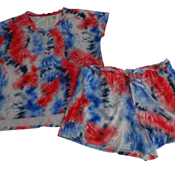 Secret Treasures Tie Dye Red White Blue Pajama Top/Shorts Set Women Size M 8 10 - Picture 1 of 14